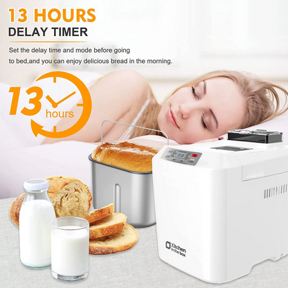 12-in-1 Automatic Bread Maker Machine – 2LB Capacity, Auto Fruit & Nut Dispenser, 13H Timer, 1H Keep Warm, Gluten-Free Settings & 3 Crust Colors