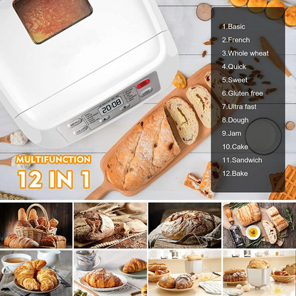 12-in-1 Automatic Bread Maker Machine – 2LB Capacity, Auto Fruit & Nut Dispenser, 13H Timer, 1H Keep Warm, Gluten-Free Settings & 3 Crust Colors