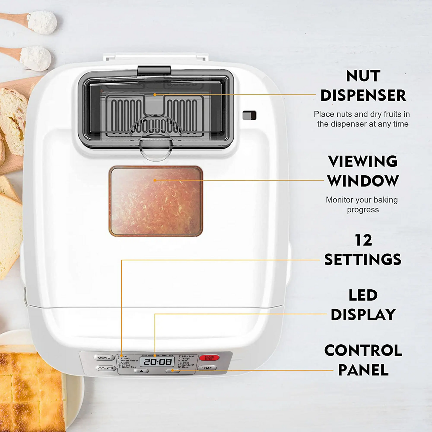 12-in-1 Automatic Bread Maker Machine – 2LB Capacity, Auto Fruit & Nut Dispenser, 13H Timer, 1H Keep Warm, Gluten-Free Settings & 3 Crust Colors