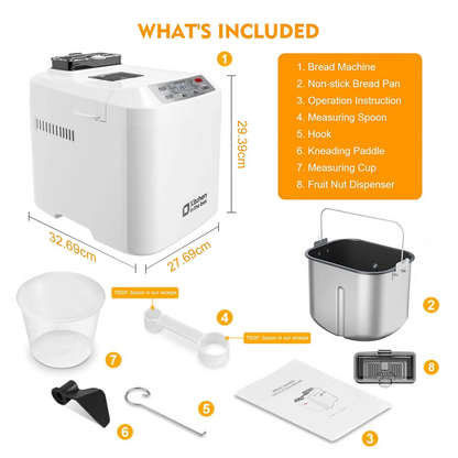 12-in-1 Automatic Bread Maker Machine – 2LB Capacity, Auto Fruit & Nut Dispenser, 13H Timer, 1H Keep Warm, Gluten-Free Settings & 3 Crust Colors